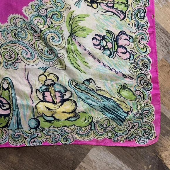 Vintage 100% Silk Snake Charmer Indian Dancers Square Scarf With Damage - Picture 8 of 11